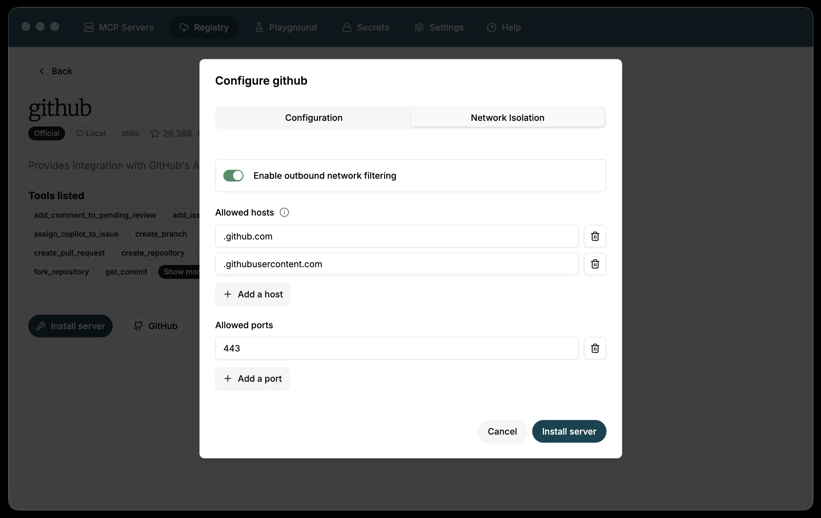 Network isolation configuration showing allowed hosts and ports Network isolation configuration showing allowed hosts and ports